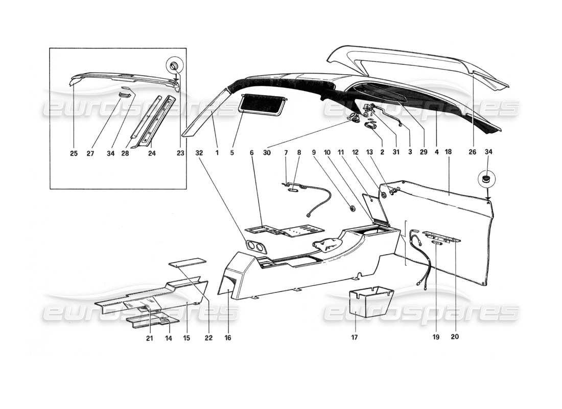 ferrari 208 turbo (1982) diagrama de partes de túnel y techo