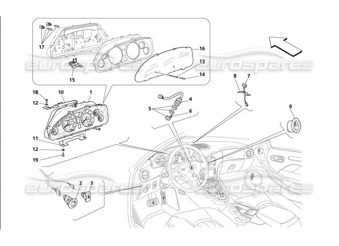 maserati 4200 coupe (2005) diagrama de piezas de instrumentos del tablero