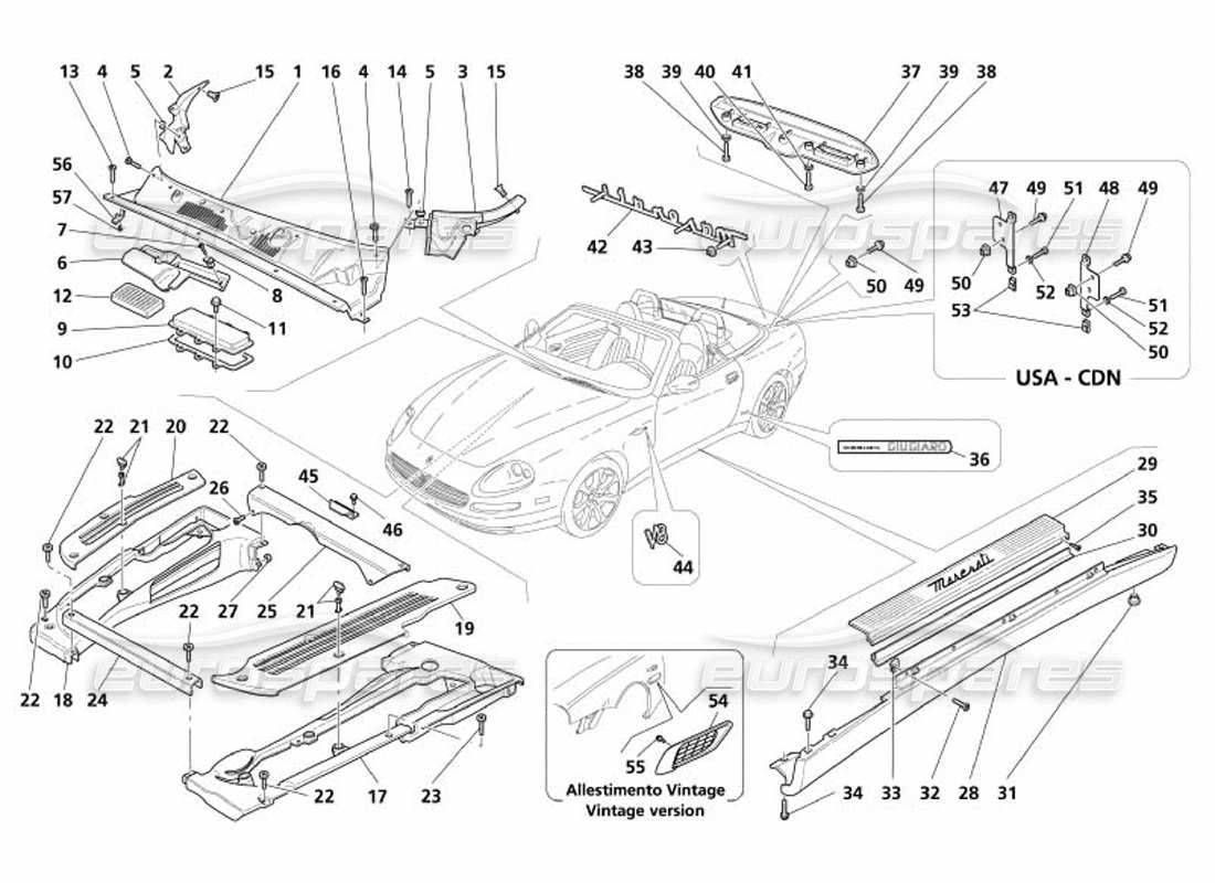 maserati 4200 spyder (2005) escudos y acabados diagrama de piezas