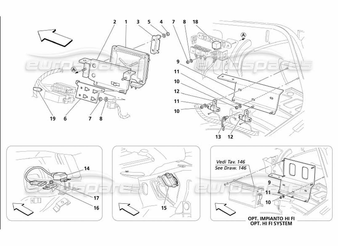 maserati 4200 coupe (2005) diagrama de piezas de las unidades de control y sensor del capó del maletero lateral derecho