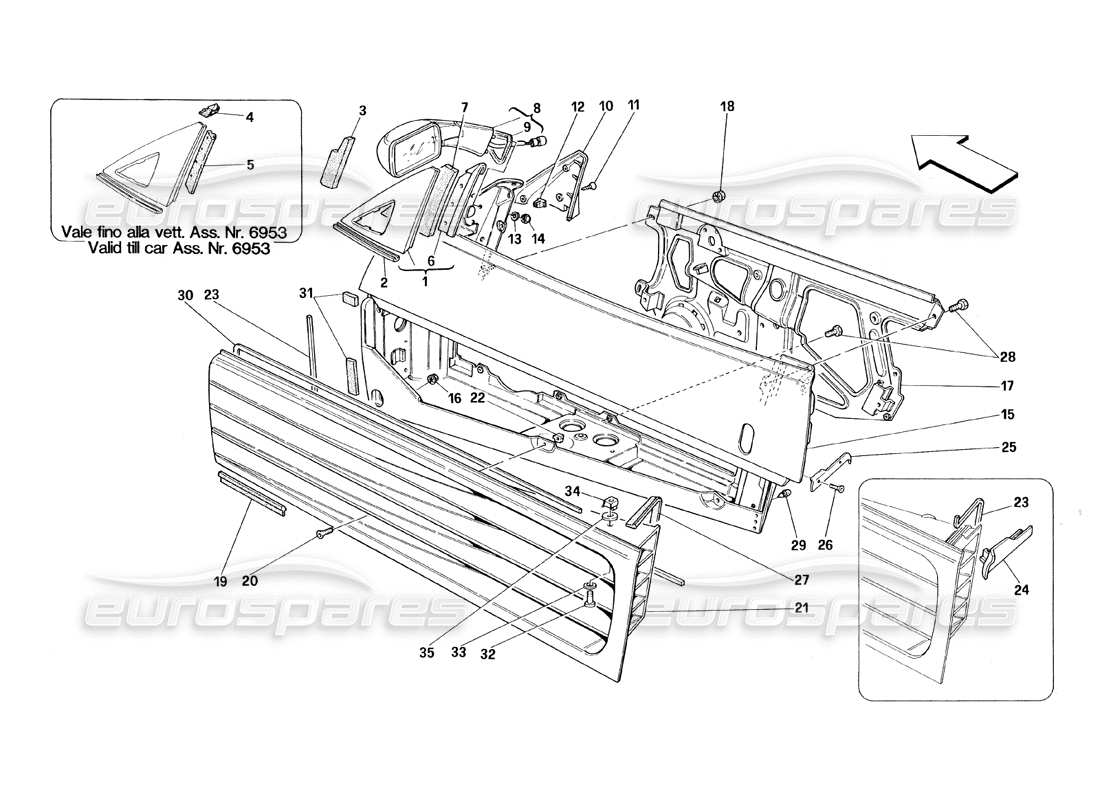 ferrari 348 (1993) tb / ts puertas: diagrama de piezas del marco y del espejo trasero