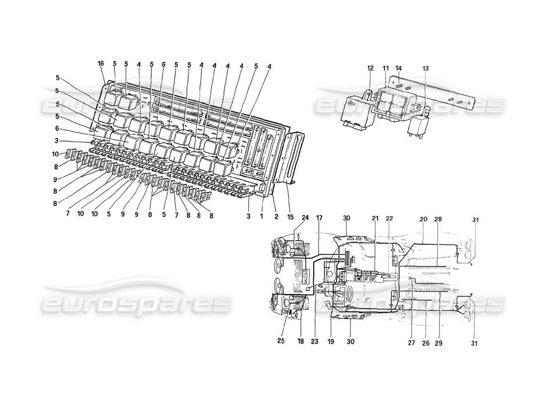 ferrari 288 gto sistema eléctrico: diagrama de piezas de fusibles y relés