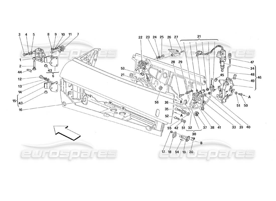 ferrari 348 (1993) tb / ts puertas: diagrama de piezas de control de apertura y bisagras