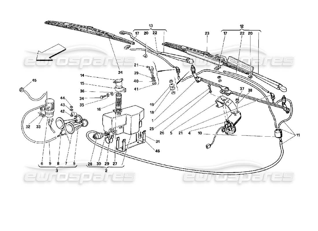 ferrari 512 tr limpiaparabrisas, arandela y bocinas diagrama de piezas