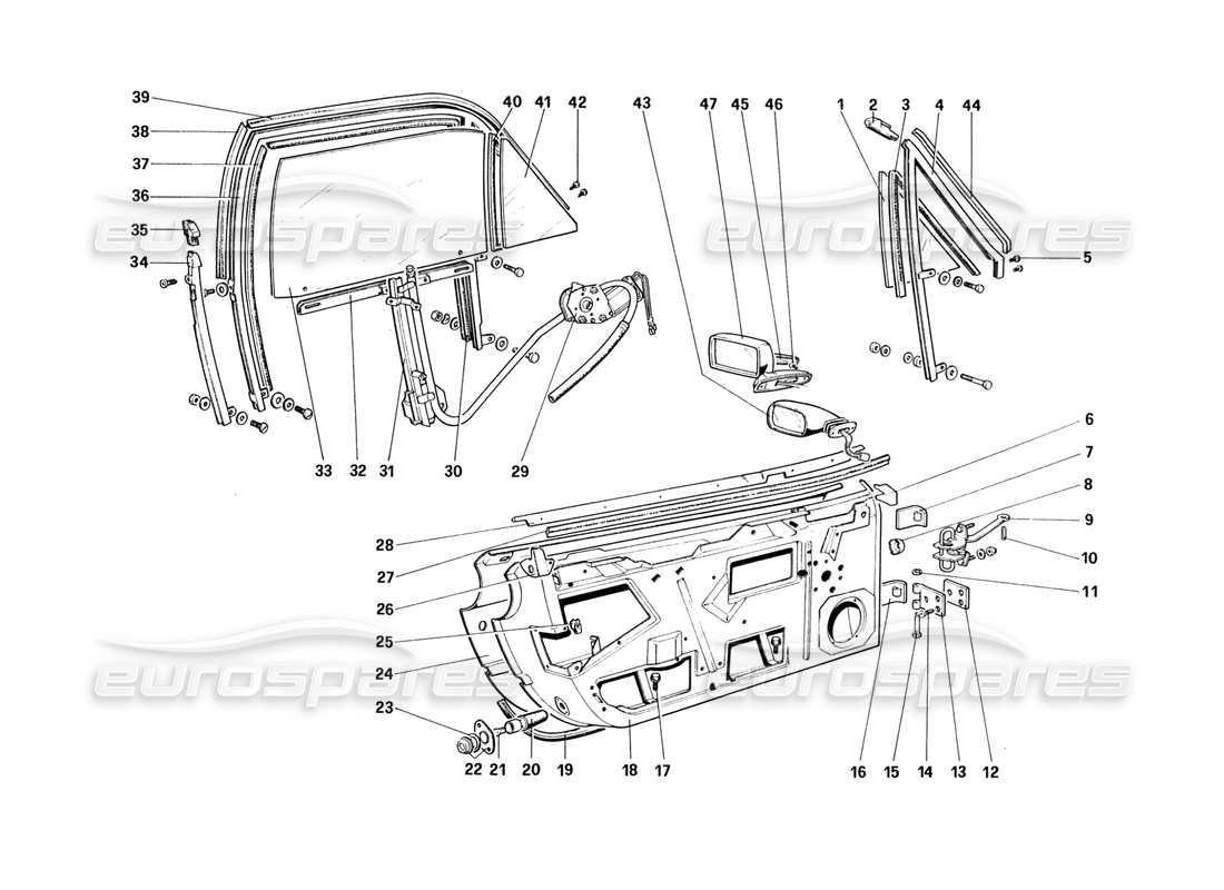 ferrari 328 (1988) diagrama de piezas de puertas (desde el vagón número 71597)