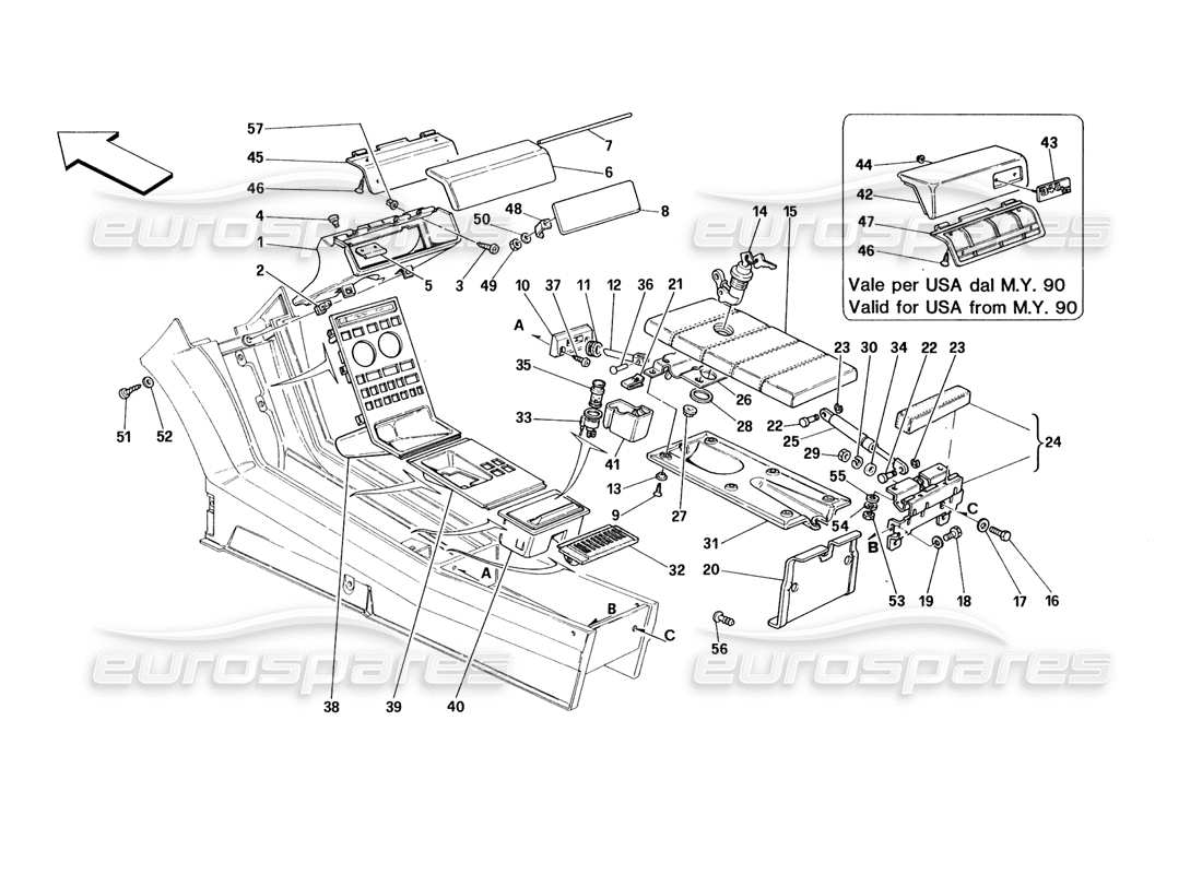 ferrari 348 (1993) tb / ts túnel - diagrama de piezas de accesorios