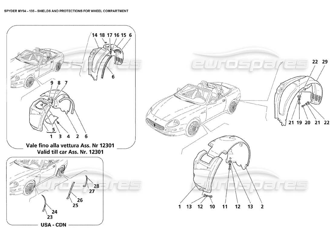 maserati 4200 spyder (2004) escudos y protecciones para el esquema de piezas del compartimento de ruedas