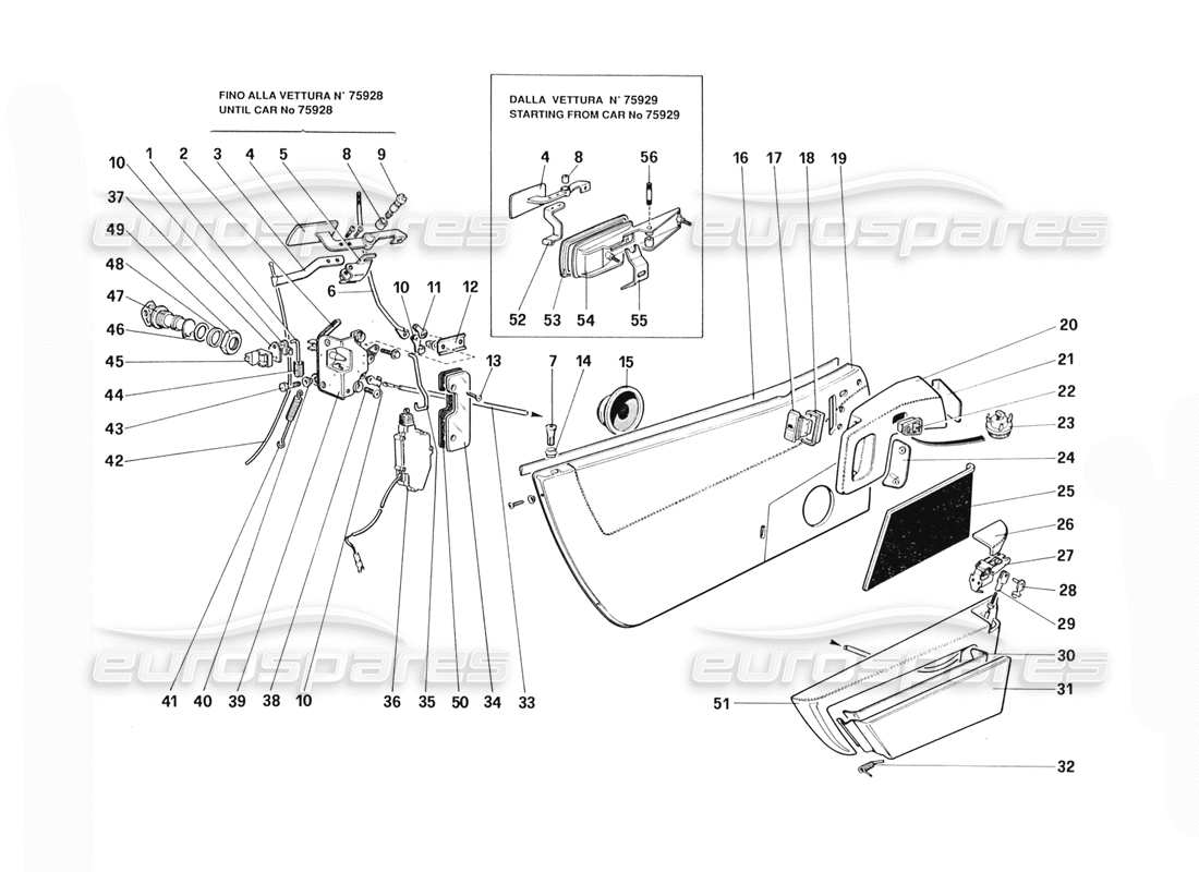 ferrari 328 (1988) diagrama de piezas de puertas (desde el vagón número 71597)