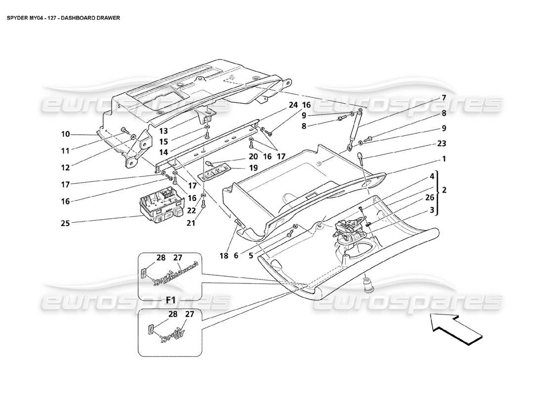 maserati 4200 spyder (2004) cajón del tablero diagrama de piezas