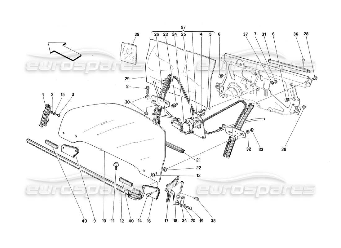 ferrari 348 (1993) tb / ts puertas: diagrama de piezas del dispositivo de elevación de vidrio