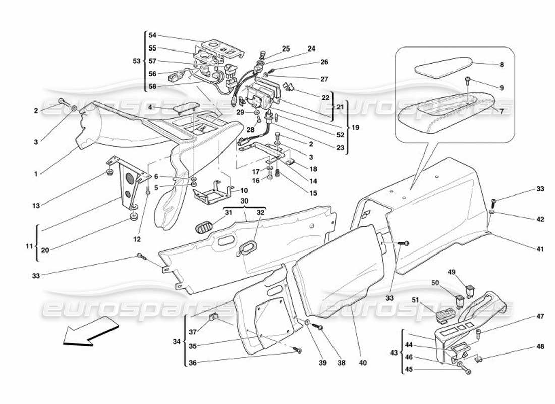 ferrari 575 superamerica túnel: diagrama de piezas de estructura y accesorios