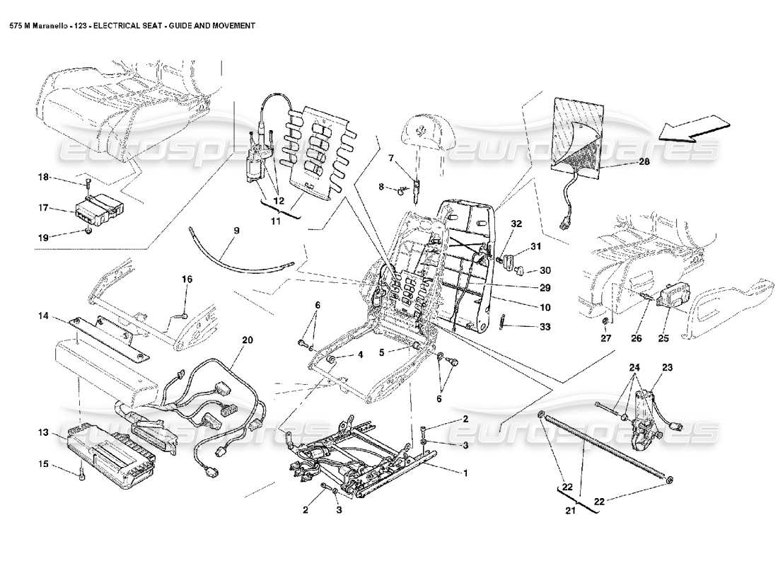 ferrari 575m maranello guía y movimiento eléctrico del asiento. diagrama de piezas