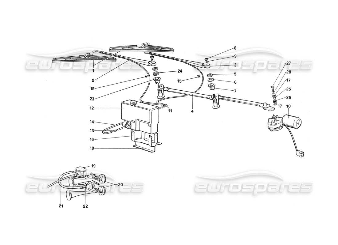 ferrari 288 gto limpiaparabrisas - diagrama de piezas del arandela y la bocina