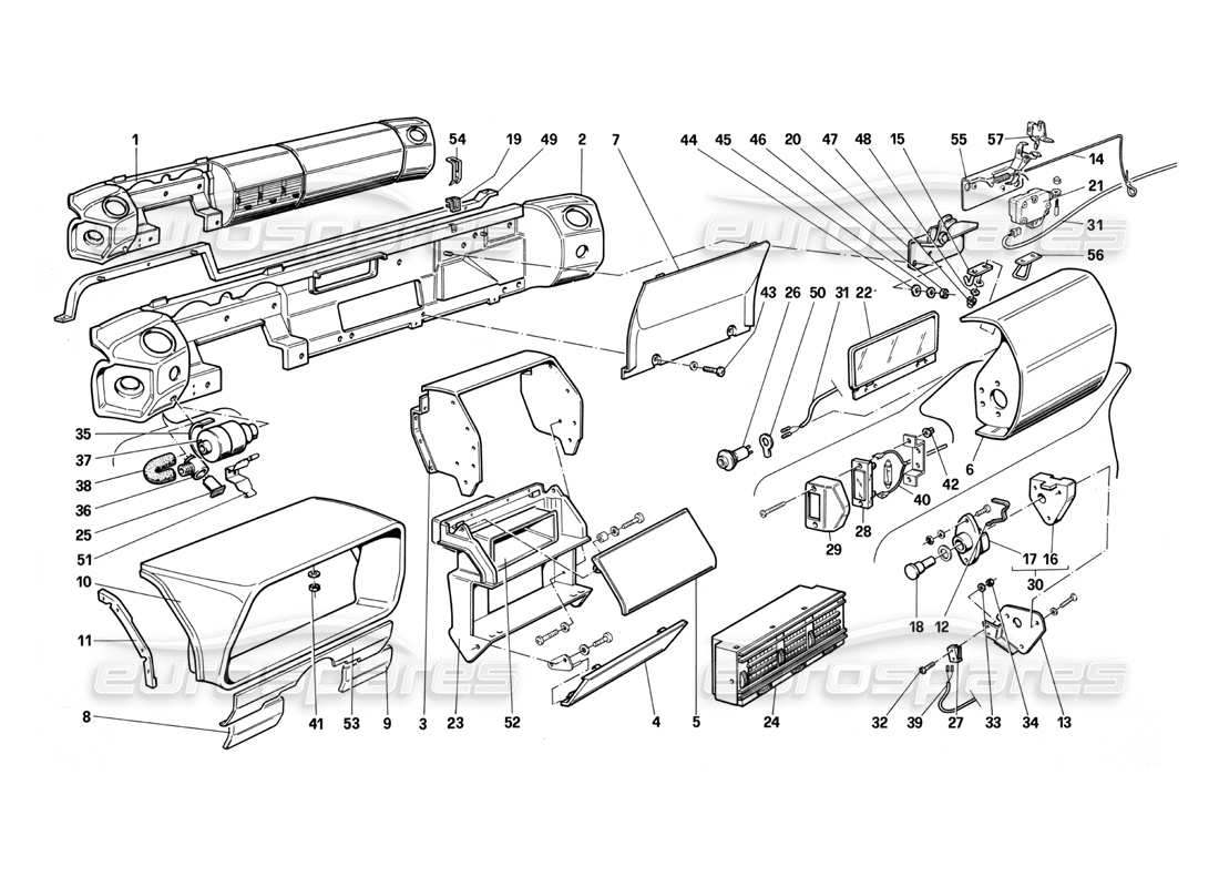 ferrari testarossa (1987) panel de control (no para la versión estadounidense my 1987) diagrama de piezas