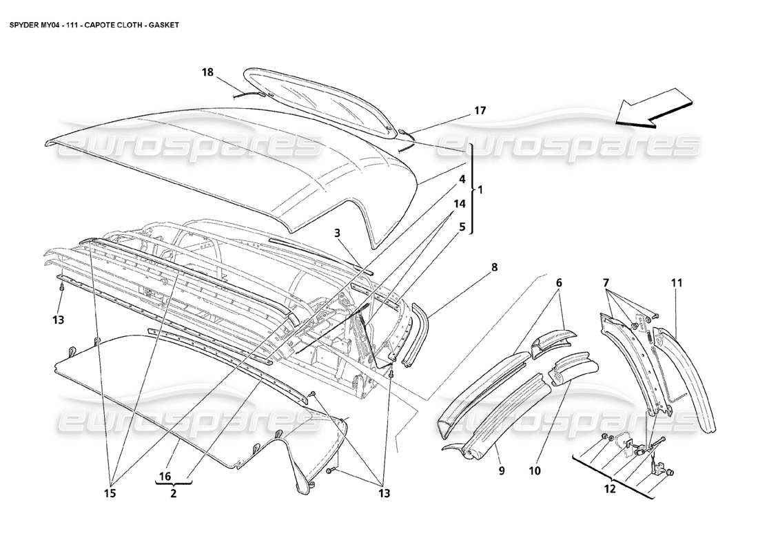 maserati 4200 spyder (2004) junta de tela de capote diagrama de piezas