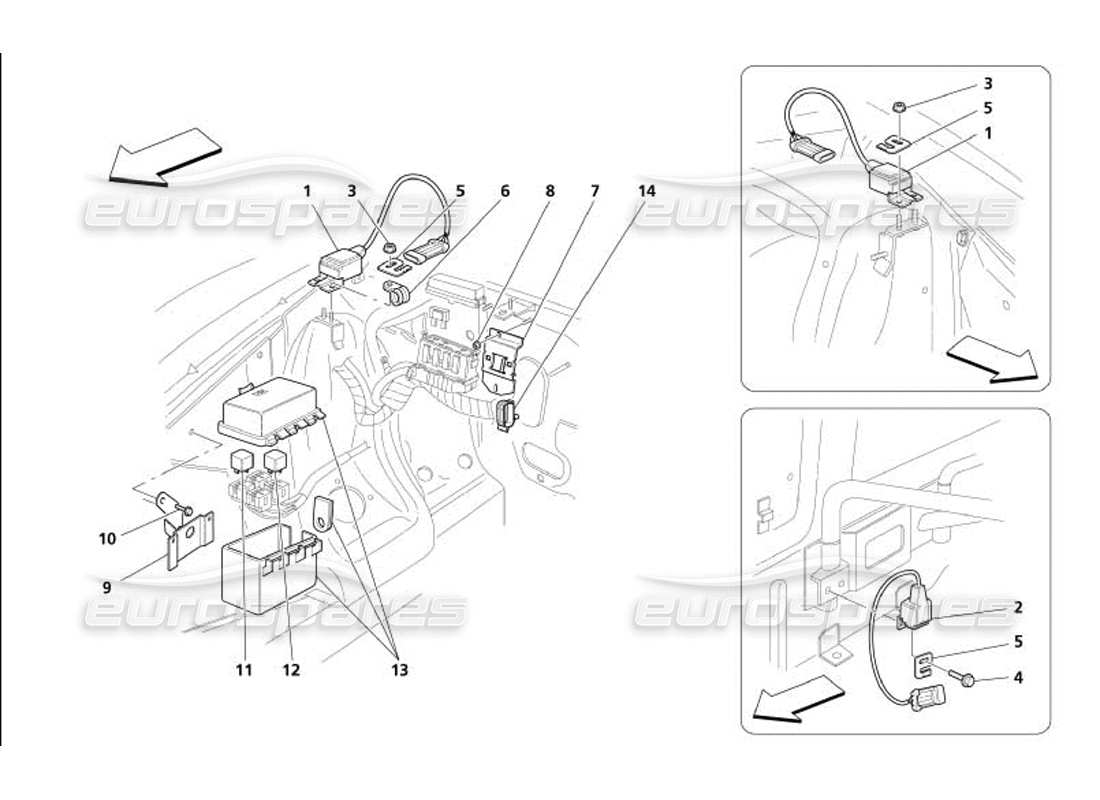 maserati 4200 gransport (2005) diagrama de piezas de las estaciones de control y sensores del capó del motor