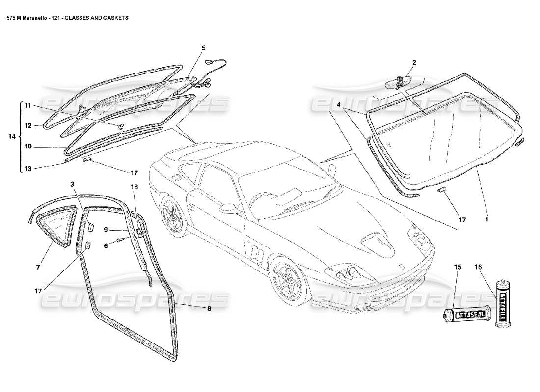 ferrari 575m maranello diagrama de piezas de vidrios y juntas