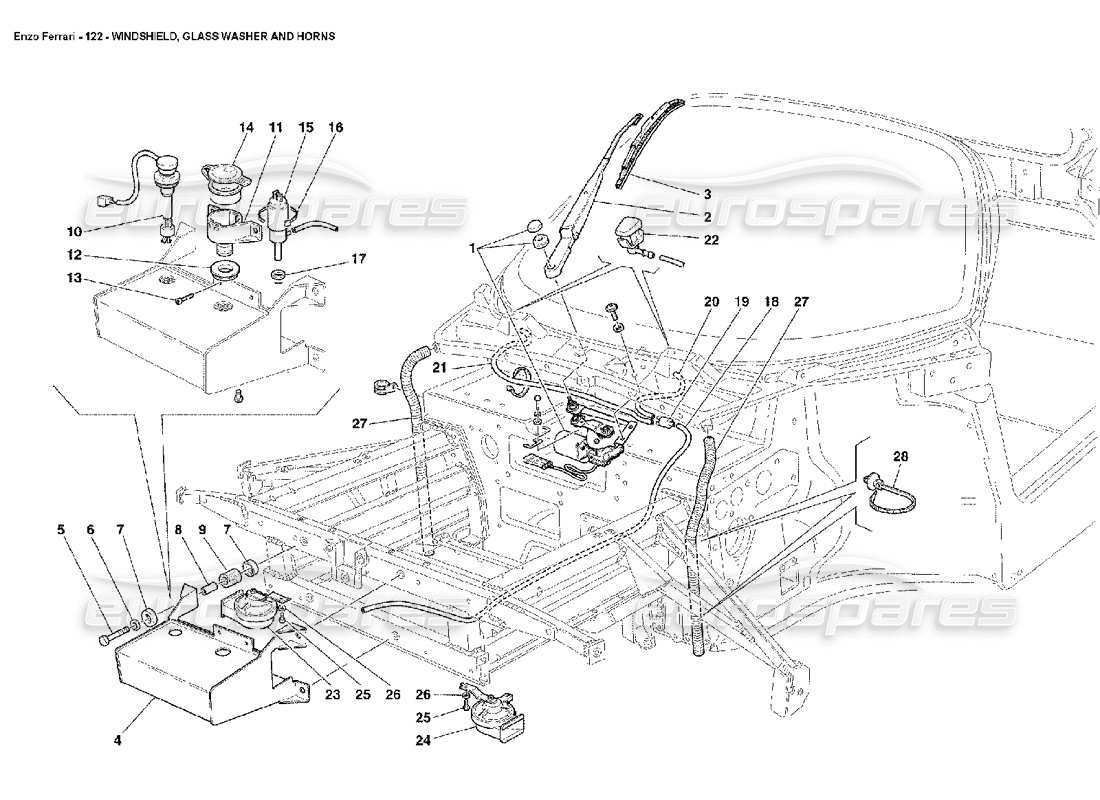 ferrari enzo parabrisas, arandela y bocinas diagrama de piezas