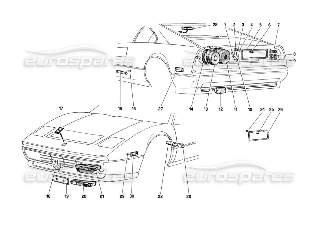 ferrari 328 (1988) luces y molduras exteriores diagrama de piezas