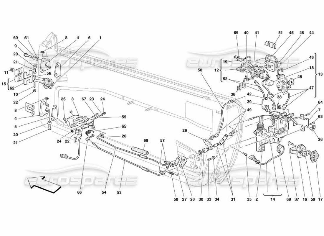 ferrari 575 superamerica puertas: diagrama de piezas de control de apertura y bisagras