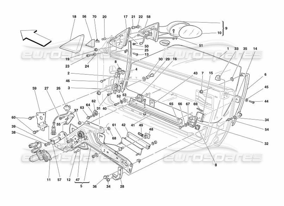 ferrari 575 superamerica puertas: diagrama de piezas del elevalunas eléctrico y del espejo retrovisor