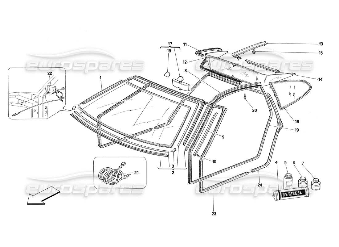 ferrari 348 (1993) tb / ts diagrama de piezas de vidrios y juntas