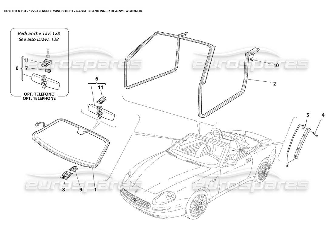maserati 4200 spyder (2004) diagrama de piezas del parabrisas de gafas