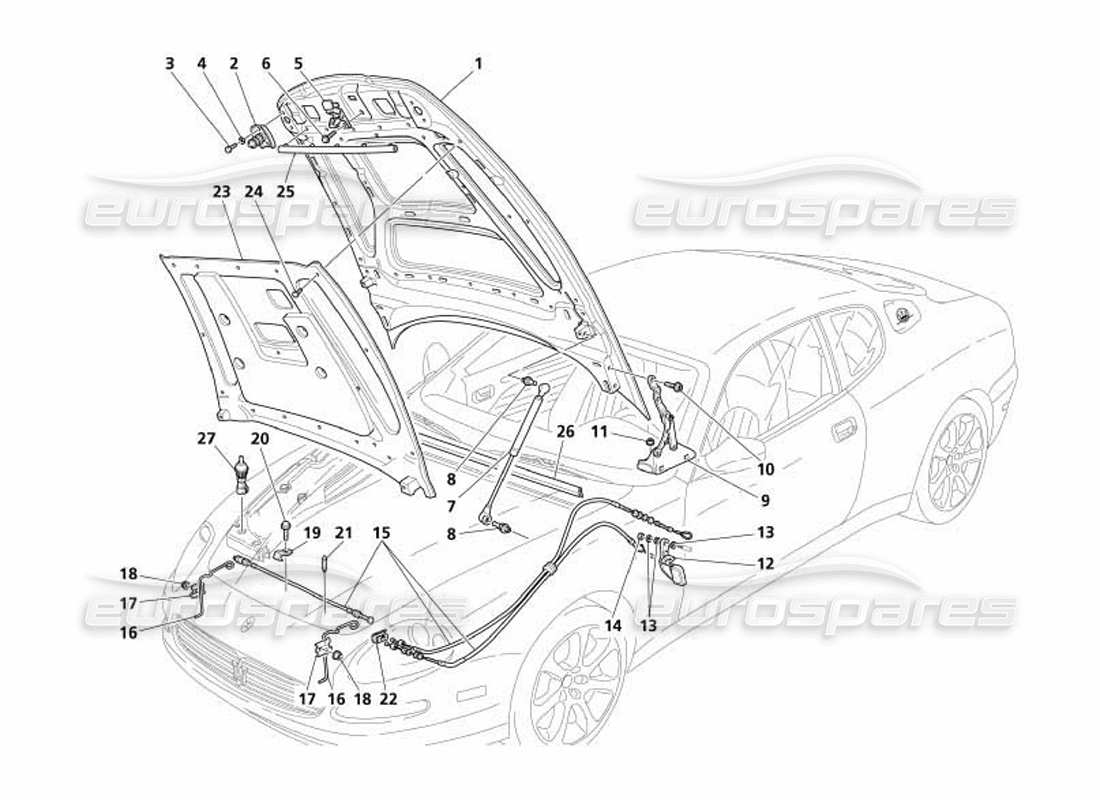 maserati 4200 coupe (2005) diagrama de piezas del capó del motor y del dispositivo de apertura