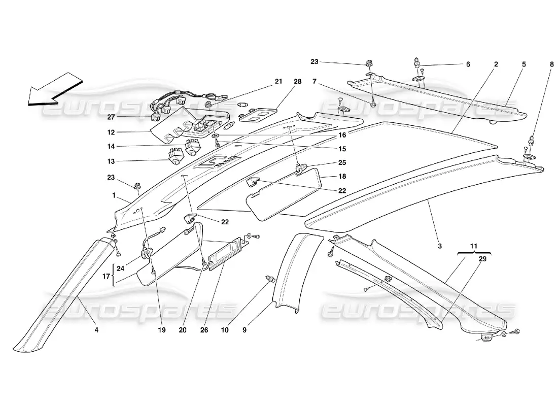 ferrari 550 maranello tapicería y accesorios para paneles de techo diagrama de piezas