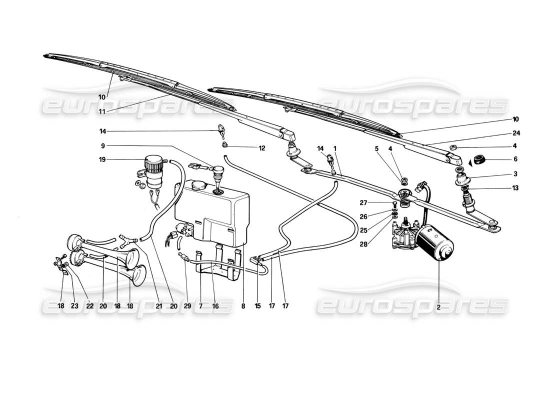 ferrari mondial 3.0 qv (1984) limpiaparabrisas - diagrama de piezas del arandela y la bocina