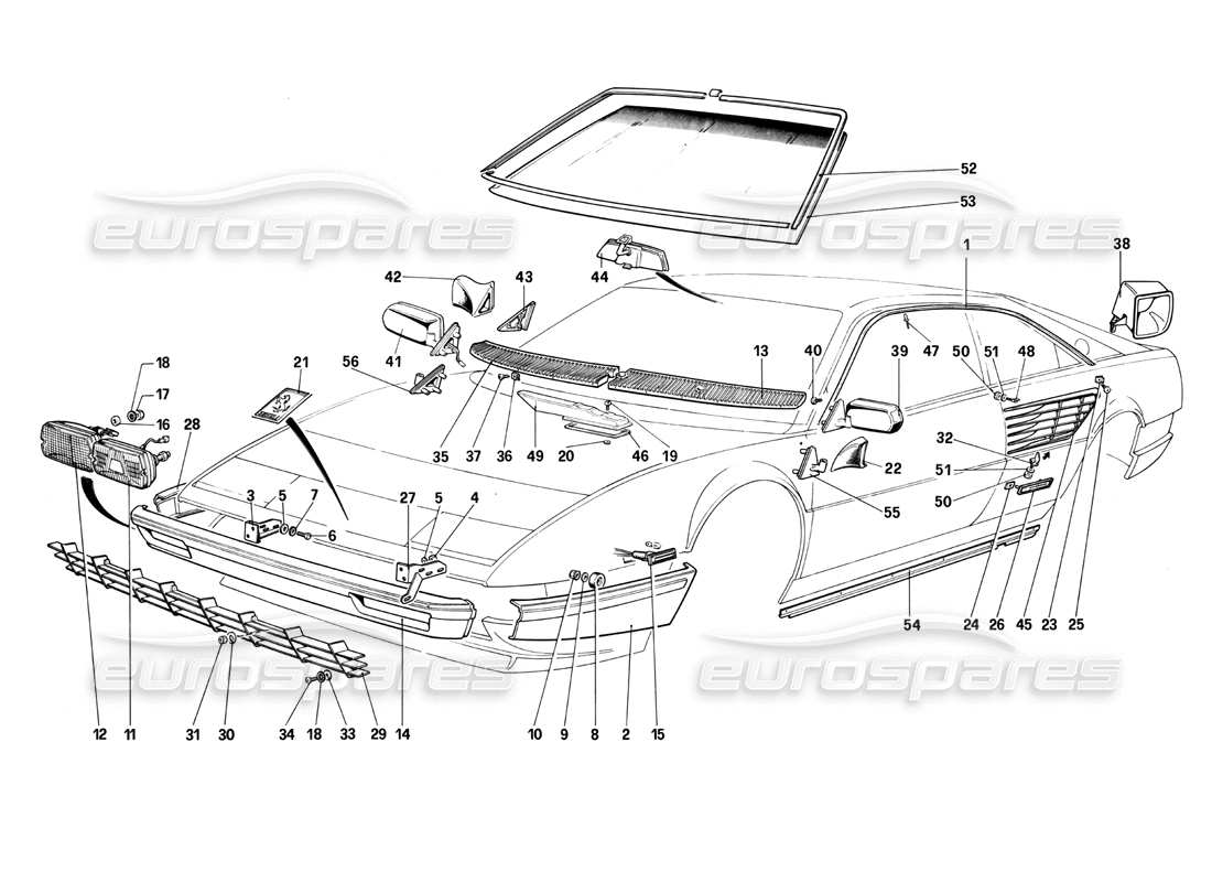 ferrari mondial 3.0 qv (1984) diagrama de piezas de parachoques, luces y cristales delanteros
