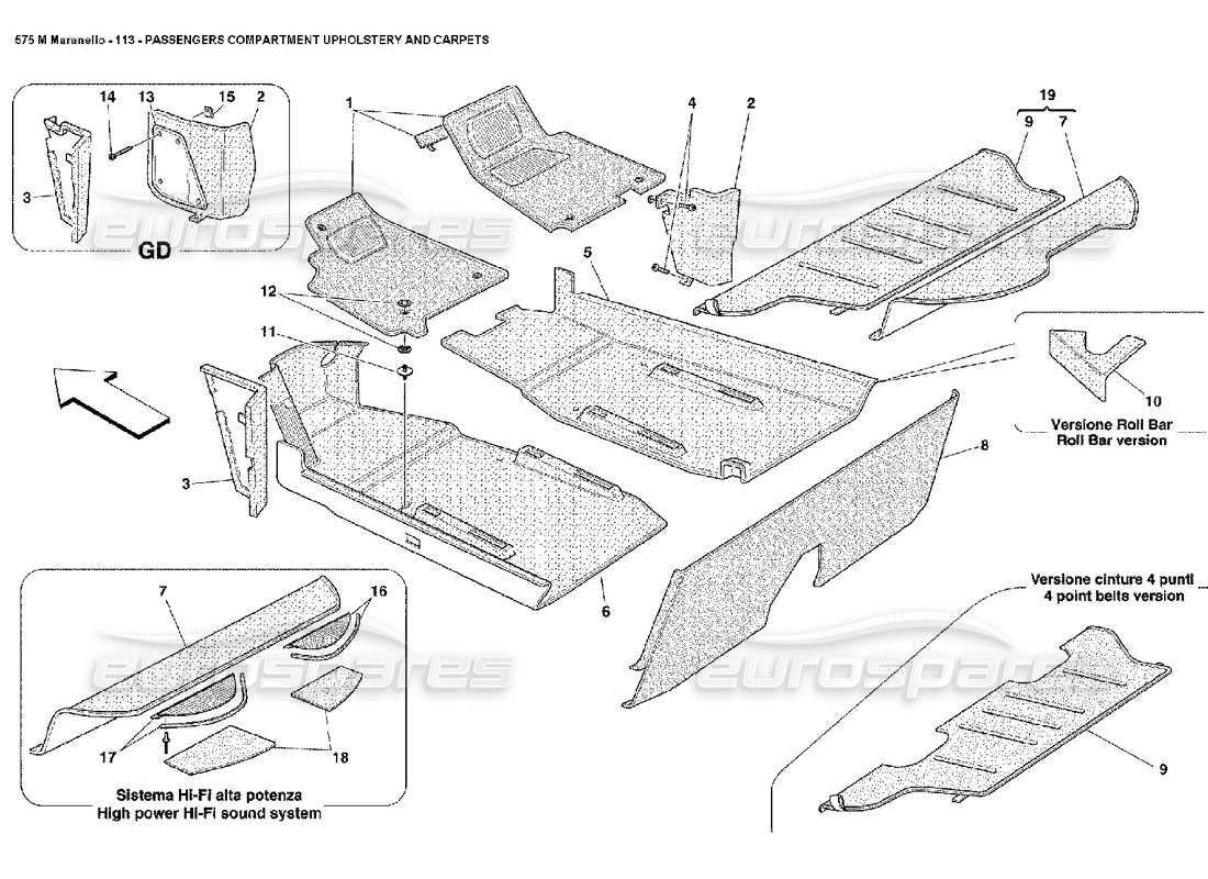 ferrari 575m maranello diagrama de piezas de tapicería y alfombras del compartimento de pasajeros