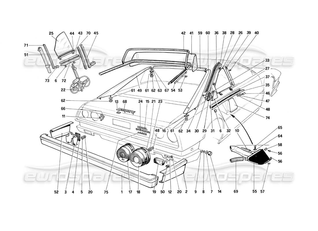 ferrari mondial 3.0 qv (1984) diagrama de piezas de parachoques, luces y cristales traseros