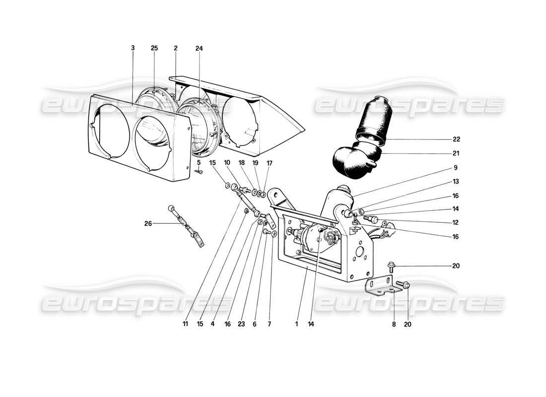 ferrari mondial 3.0 qv (1984) dispositivo de elevación de luces y faros. diagrama de piezas