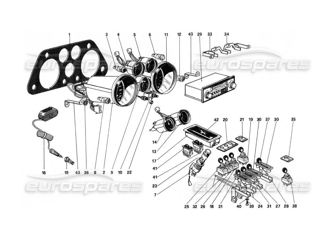 ferrari 208 turbo (1982) diagrama de piezas de instrumentos y accesorios