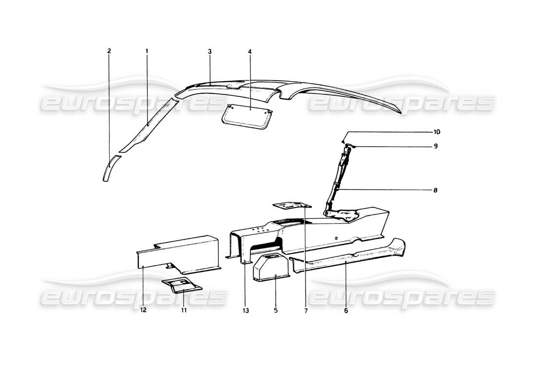ferrari 512 bb túnel y techo diagrama de piezas