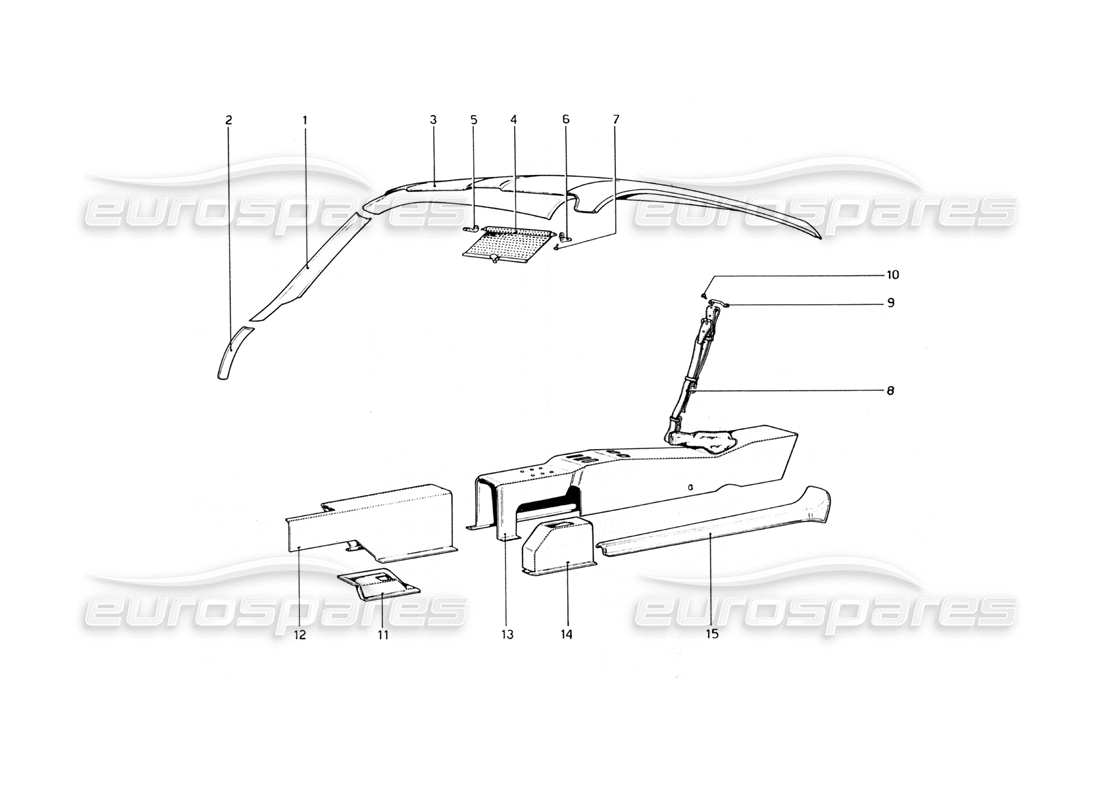 ferrari 365 gt4 berlinetta boxer diagrama de partes de túnel y techo