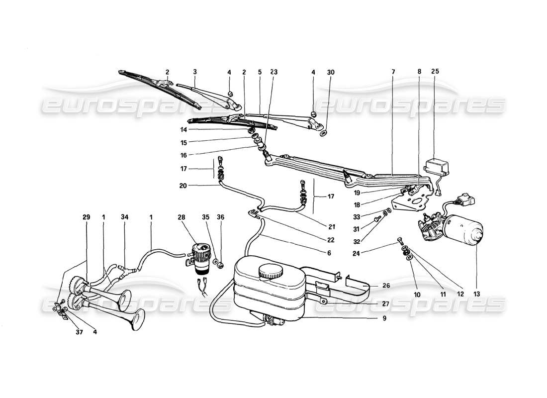 ferrari 308 quattrovalvole (1985) diagrama de piezas del limpiaparabrisas, arandela y bocina