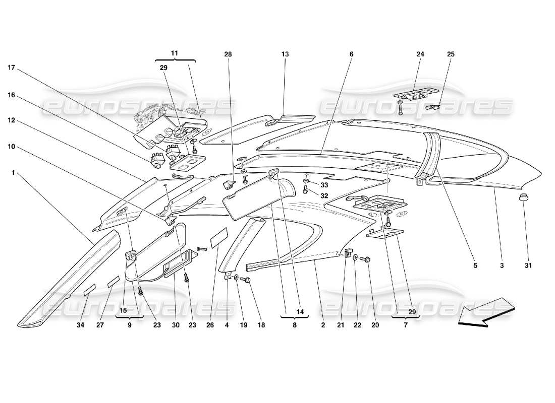 ferrari 456 gt/gta tapicería y accesorios para paneles de techo diagrama de piezas