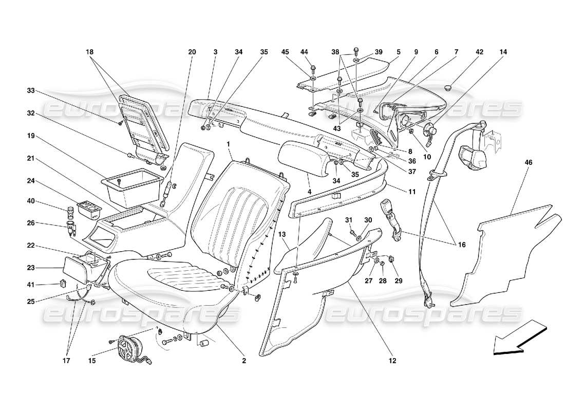 ferrari 456 gt/gta asientos traseros y cinturones de seguridad diagrama de piezas