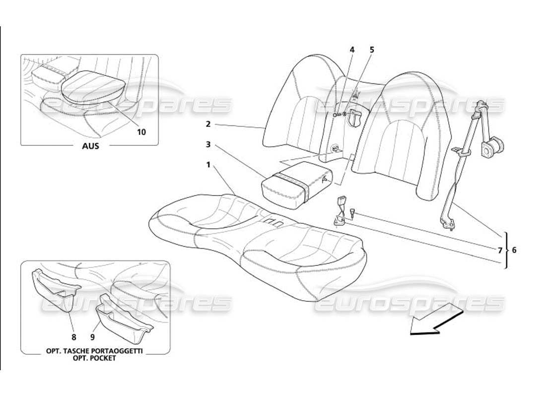 maserati 4200 gransport (2005) diagrama de piezas del asiento trasero y del cinturón de seguridad