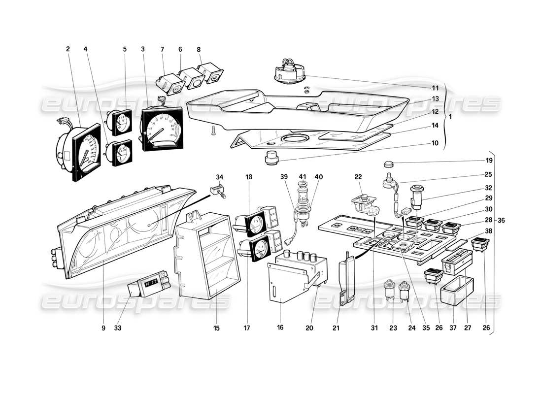 ferrari testarossa (1990) instrumentos y accesorios del habitáculo (para la versión estadounidense) diagrama de piezas