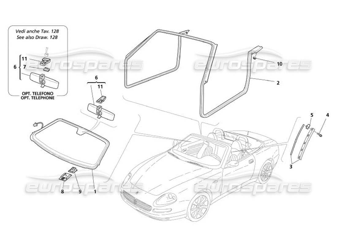 maserati 4200 spyder (2005) vidrios parabrisas - diagrama de piezas de juntas y espejo retrovisor interior