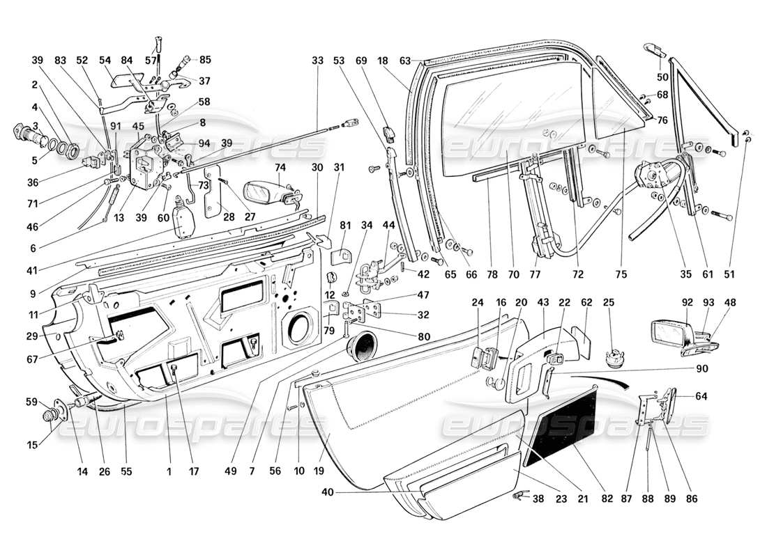 ferrari 328 (1988) diagrama de piezas de puertas (hasta el vagón n.° 71595)