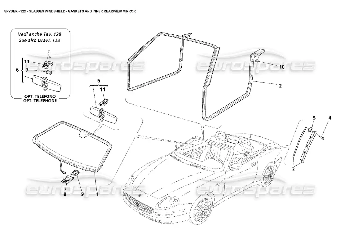 maserati 4200 spyder (2002) vidrios parabrisas - diagrama de piezas de juntas y espejo retrovisor interior