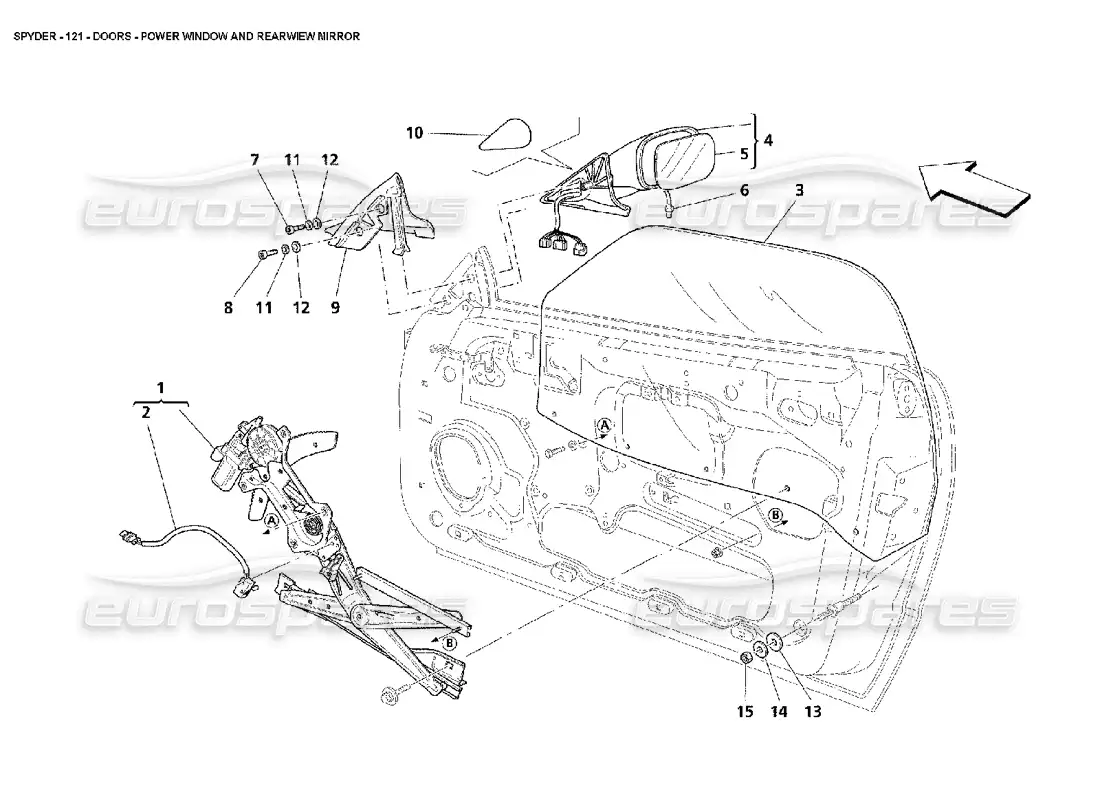 maserati 4200 spyder (2002) puertas - diagrama de piezas del elevalunas eléctrico y del espejo retrovisor
