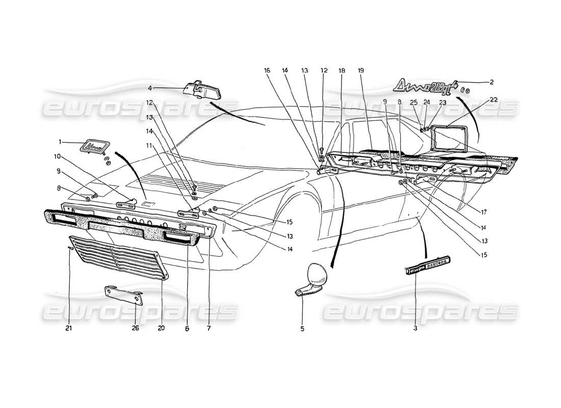 ferrari 208 gt4 dino (1975) diagrama de piezas de parachoques y molduras