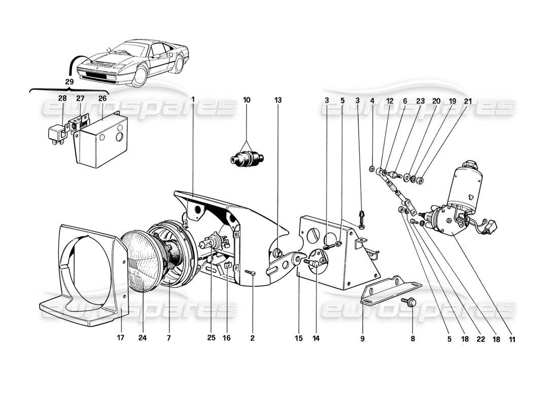 ferrari 328 (1988) dispositivo de elevación de luces y faros. diagrama de piezas