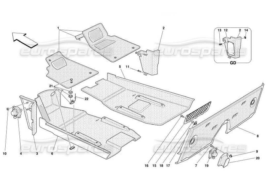 ferrari 550 barchetta diagrama de piezas de tapicería y alfombras del compartimento de pasajeros