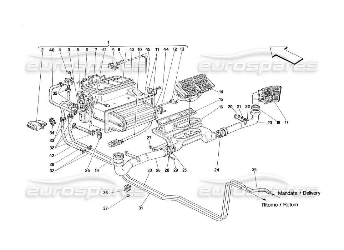 ferrari 348 (1993) tb / ts diagrama de piezas de aireación de la unidad del evaporador y del compartimento de pasajeros